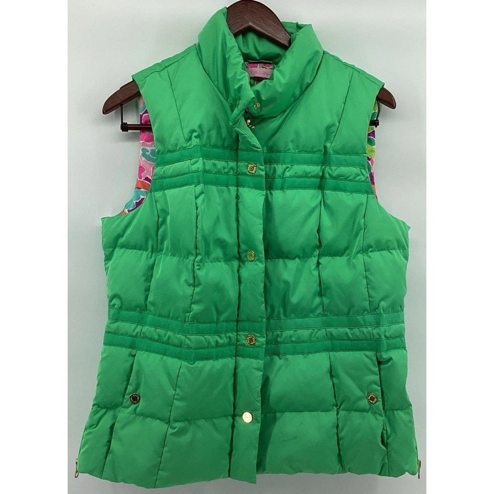 Lilly Pulitzer Kate Green Sleeveless Zip Snap Up Puffer Vest Preppy Gorpcore